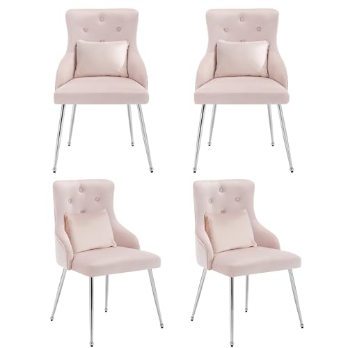 Crlnaup 4er Set Esszimmerstuhl mit Knopfmuster, Gepolsterter Sessel, Stühle mit Metallbeinen, Moderner Loungesessel, Schlafzimmer-Wohnzimmerstuhl mit Lendenkissen, Rosa von Crlnaup