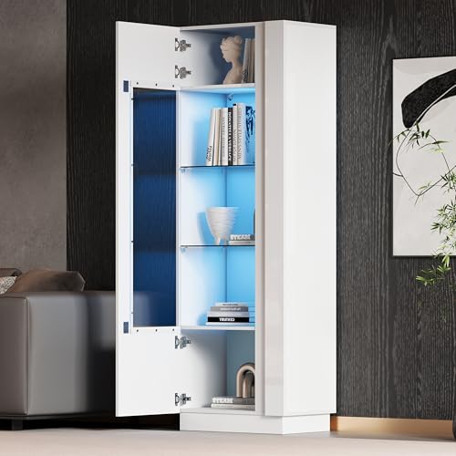 Crlnaup 60 * 40 * 180cm Schrank,Vitrine ausSchranktür aus Acryl,Vitrine Hochglanz Lagerschrank mit LED-Beleuchtung, 3 Glasboden,Highboard, Aufbewahrungsschrank, Hochschrank, Sofaschrank,Weiß von Crlnaup