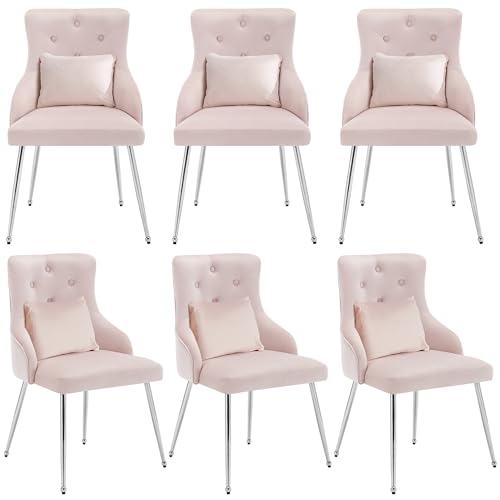 Crlnaup 6er Set Esszimmerstuhl mit Knopfmuster, Gepolsterter Sessel, Stühle mit Metallbeinen, Moderner Loungesessel, Schlafzimmer-Wohnzimmerstuhl mit Lendenkissen, Rosa von Crlnaup