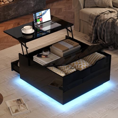 Crlnaup 70 * 70 * 38cm Wohnzimmer-Couchtisch, Anhebbarer kaffeetisch mit LED-Lichtleiste,Sofatisch mit 1 Schublade,Hochglanz-Beistelltisch mit verstecktem Stauraum und hochklappbaren Türen,Schwarz Crlnaup 70 * 70 * 38cm Wohnzimmer-Couchtisch, Anhebbarer kaffeetisch mit LED-Lichtleiste,Sofatisch mit 1 Schublade,Hochglanz-Beistelltisch mit verstecktem Stauraum und hochklappbaren Türen,Schwarz von Crlnaup