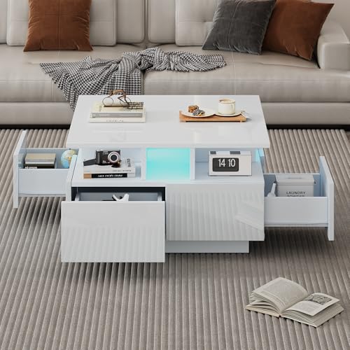 Crlnaup 70 * 70 * 40cm Wohnzimmer teetisch, Hochglanz kaffeetisch, Couchtisch mit LED licht, sofatisch mit 4 schubladen,Beistelltisch mit geometrische Design, Weiß, Gesamttragkraft 30kg Crlnaup 70 * 70 * 40cm Wohnzimmer teetisch, Hochglanz kaffeetisch, Couchtisch mit LED licht, sofatisch mit 4 schubladen,Beistelltisch mit geometrische Design, Weiß, Gesamttragkraft 30kg von Crlnaup