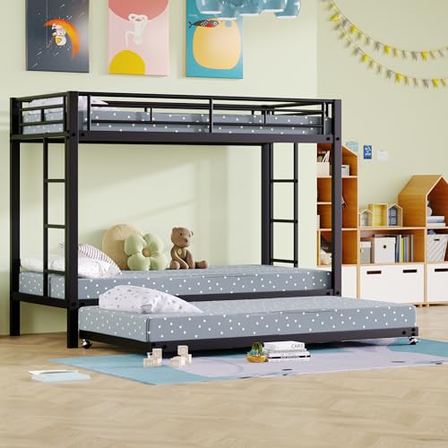 Crlnaup 90 * 200cm Etagenbett, Eisenrahmenbett, Kinderbett, ausgestattet mit Ausziehbett, hohe Geländer, EN747 Zertifiziert, robuste Konstruktion, schwarz von Crlnaup