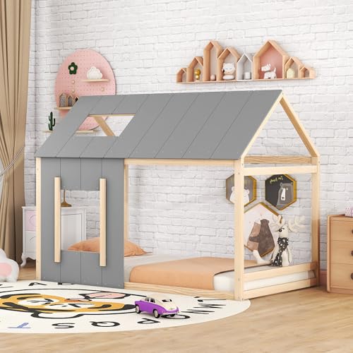 Crlnaup 90 x 200 Kinderbett, Kinderbett in Hausform, Einzelhaus-Flachbett mit Dach und Fenster, Natur + Grau von Crlnaup