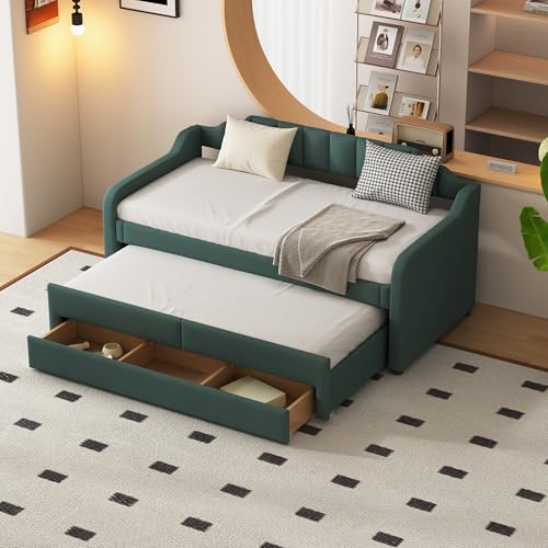Crlnaup 90 x 200 cm (190 cm) Tagesbett, gepolstertes Einzel-Tagesbett mit Rollcontainer, mit Schubladen, Grün von Crlnaup