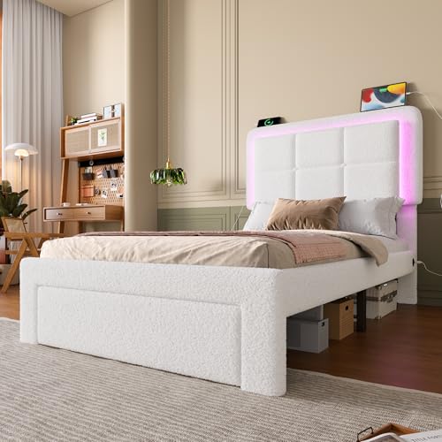 Crlnaup 90 x 200cm Bettgestell mit Teddy-Samtbezug, Rahmen aus Eisen und Holz, verstellbares Kopfteil, verstellbares Stimmungslicht, USB-Anschluss, modernes Bettgestell von Crlnaup