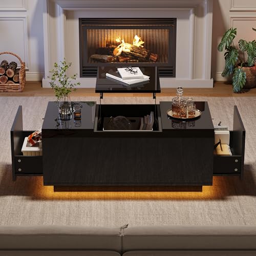 Crlnaup 95 * 48 * 40cm Couchtisch mit Hebeplatte, höhenverstellbar ausziehbar, Lift-Top-Tisch. Wohnzimmertisch mit 2 Schubladen, Sofatisch mit LED,Multifunktionaler Lift-up-Kaffeetisch, Schwarz Crlnaup 95 * 48 * 40cm Couchtisch mit Hebeplatte, höhenverstellbar ausziehbar, Lift-Top-Tisch. Wohnzimmertisch mit 2 Schubladen, Sofatisch mit LED,Multifunktionaler Lift-up-Kaffeetisch, Schwarz von Crlnaup
