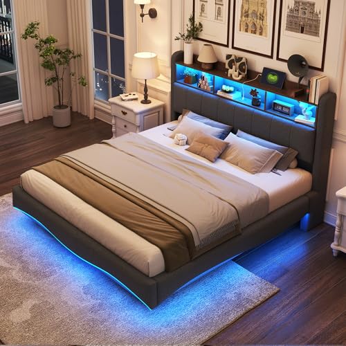 Crlnaup Abgehängtes Design Polsterbett 160 * 200 aus Leinenstoff, multifunktionales Stauraumbett mit LED-Licht, USB- und Type-C-Schnittstelle Grau von Crlnaup
