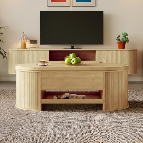Crlnaup Anhebbarer Couchtisch, Couchtisch mit gebogenen Holzseiten, ausziehbarem Regal, anhebbarer Tischplatte, multifunktionales Wohnzimmermöbel. Crlnaup Anhebbarer Couchtisch, Couchtisch mit gebogenen Holzseiten, ausziehbarem Regal, anhebbarer Tischplatte, multifunktionales Wohnzimmermöbel. von Crlnaup