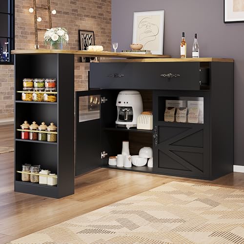 Crlnaup Ausziehbarer Bartisch mit Stauraum(138-204×39×104cm), 360° drehbare Essbar,Moderner Beweglicher Bar Table,Hochtisch Kücheninsel Bistro Table, Sideboardschrank mit Regalen,Schwarz von Crlnaup