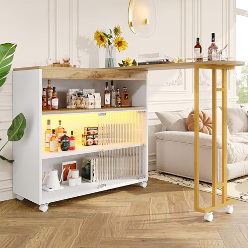 Crlnaup Ausziehbarer Bartisch mit Stauraum, Moderner Beweglicher Bar Table, Teleskopischer Bartisch mit LED, Stehtisch Bistrotisch Hochtisch Kücheninsel Bistro Table, Weiß(138-204×39×105cm) von Crlnaup