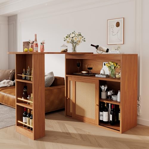 Crlnaup Ausziehbarer Bartisch mit Stauraum, Rattangeflecht auf den Türfronten,verstellbare Ablagen,Stehtisch Bistrotisch Hochtisch Kücheninsel Küchentisch klein Hausbar (138-193×39×104cm) von Crlnaup