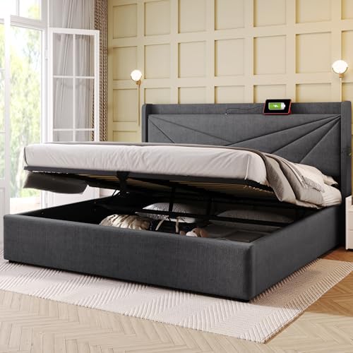 Crlnaup BXEYXF Polsterbett Doppelbett Stauraum Bettkasten mit USB Typ C Ladefunktion Kopfteil,Stauraumbetten Bettgestell aus Leinenmaterial Jugendbett 140x200 mit lattenrost(Ohne Matratze) von Crlnaup