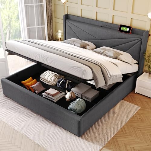 Crlnaup BXEYXF Polsterbett Doppelbett Stauraum Bettkasten mit USB Typ C Ladefunktion Kopfteil,Stauraumbetten Bettgestell aus Leinenmaterial Jugendbett 160x200 mit lattenrost(Ohne Matratze) von Crlnaup