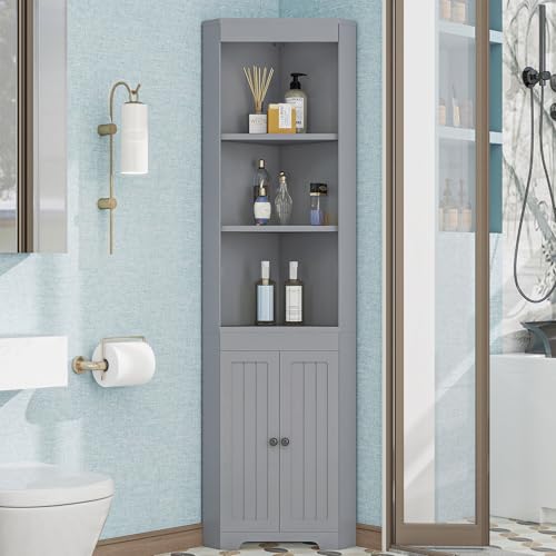 Crlnaup Badezimmer-Hochschrank, DREI offene Ablagefächer, Feuchtigkeitsgeschützte Flügeltüren, Verschiebbare Einlegeböden, Schlichte Form, grau von Crlnaup