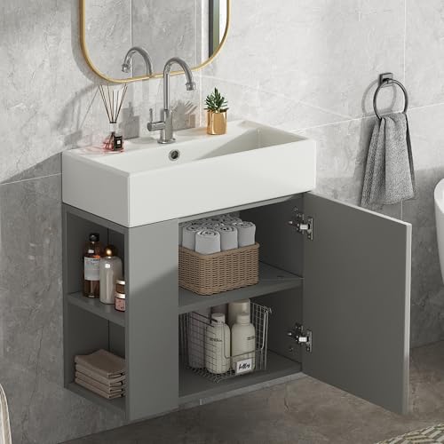 Crlnaup Badezimmermöbel Waschbecken mit Waschtischunterschrank 55 cm, Waschtischunterschrank hängend hellgrau, Kleine Gästebadmöbel Crlnaup Badezimmermöbel Waschbecken mit Waschtischunterschrank 55 cm, Waschtischunterschrank hängend hellgrau, Kleine Gästebadmöbel von Crlnaup