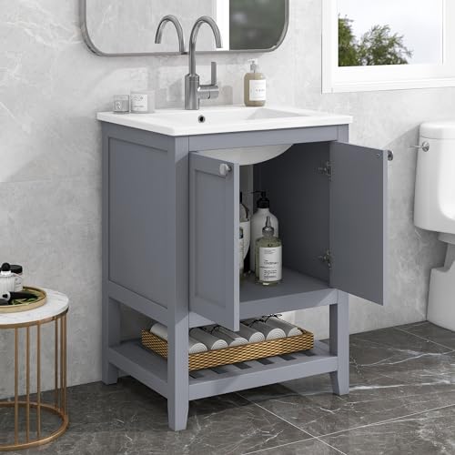 Crlnaup Badmöbel Einzel Waschtisch mit Unterschrank 60cm mit Keramik-Waschbecken,hellgrau Crlnaup Badmöbel Einzel Waschtisch mit Unterschrank 60cm mit Keramik-Waschbecken,hellgrau von Crlnaup