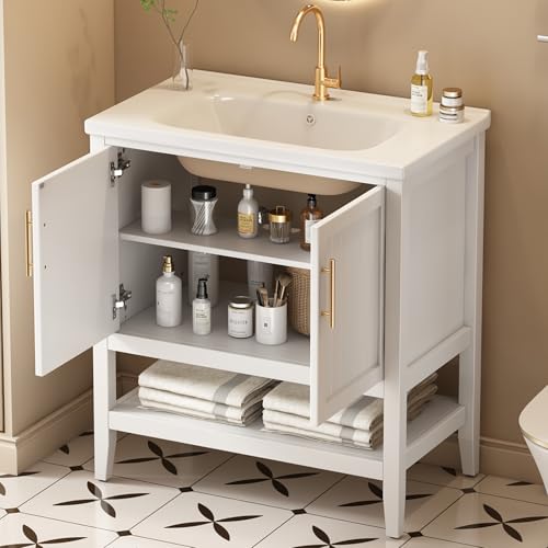 Crlnaup Badmöbel Einzel Waschtisch mit Unterschrank 80cm mit Keramik-Waschbecken,weiß von Crlnaup
