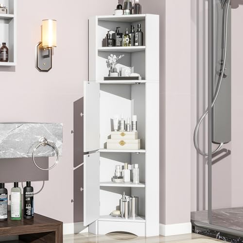 Crlnaup Badschrank, Badmöbel, Eckschrank mit Zwei Ablagefächern, offenes Fach mit verstellbarem Einlegeboden,36.5 x 36.5 x 155 cm, weiß Crlnaup Badschrank, Badmöbel, Eckschrank mit Zwei Ablagefächern, offenes Fach mit verstellbarem Einlegeboden,36.5 x 36.5 x 155 cm, weiß von Crlnaup