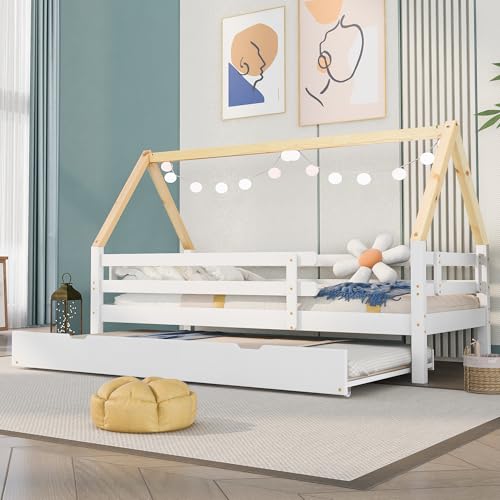 Crlnaup Baumhausbett, Tagesbett, Einzelbett, Kinderbett, Ausziehbett, Schiebebett mit Rollen unten, Massivholz, weißes Bett, naturfarbener Dachstuhl (200x90cm) von Crlnaup