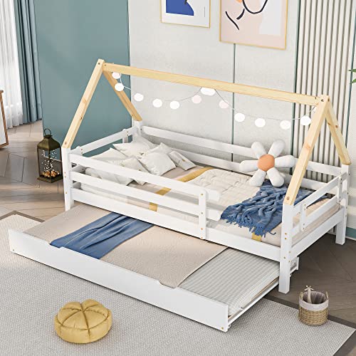 Crlnaup Baumhausbett, Tagesbett, Einzelbett, Kinderbett, Ausziehbett, Schiebebett mit Rollen unten, Massivholz, weißes Bett, naturfarbener Dachstuhl (90x200 & 90x190CM) von Crlnaup