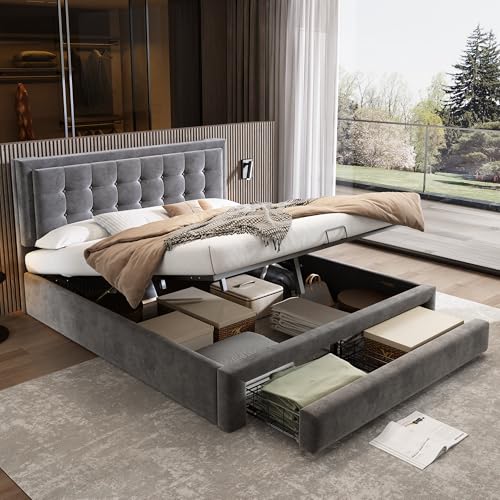 Crlnaup Bett mit Kasten und Schubladen, Samtstoff, Polsterbett, Lattenrost, Doppelbett, großer Stauraum, 140 x 200 cm, Grau von Crlnaup