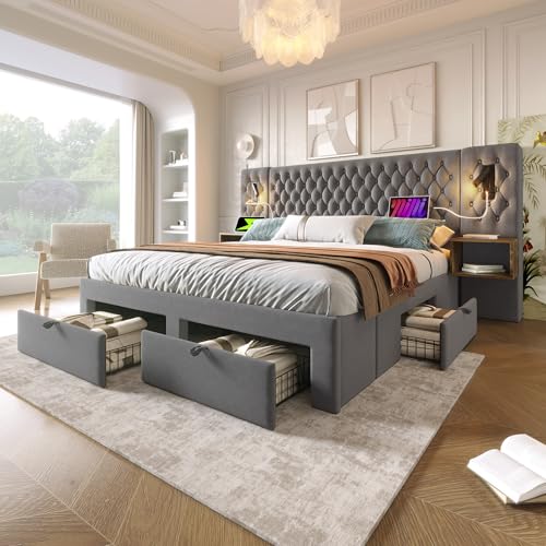 Crlnaup Bettanlage Schlafzimmer Komplett Set,Polsterbett Doppelbett 160×200 cm mit 2 Nachttischen und 4 Schubladen, Kopfteil Leselicht mit Ladefunktion-243×211×106cm, Grau, Samt (Ohne Matratze) von Crlnaup