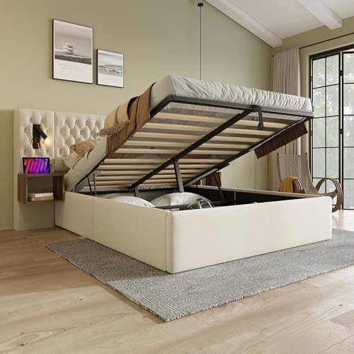 Crlnaup Bettanlage Schlafzimmer Komplett Set,Polsterbett Hydraulisch Stauraumbett Doppelbett 160×200 cm mit 2 Nachttischen, Kopfteil Leselicht mit USB Ladefunktion, Beige, Samt(Ohne Matratze) von Crlnaup