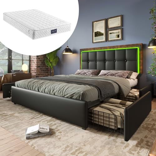 Crlnaup Bettgestell mit LED-Beleuchtungsleiste und 4 Schubladen, Doppelbett Polsterbett 140x200cm, Höhenverstellbarem Kopfteil, Funktionsbett, PU Schwarz (Mit Matratze) von Crlnaup