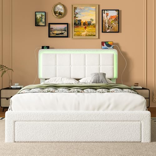 Crlnaup Bettgestell mit Teddy-Samtbezug, Rahmen aus Eisen und Holz, verstellbares Kopfteil, verstellbares Stimmungslicht, USB-Anschluss, modernes Bettgestel, 160 x 200cm von Crlnaup