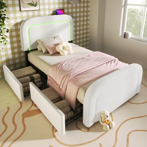 Crlnaup Bettgestell mit USB Typ C Ladefunktion LED-Beleuchtung und 2 Schubladen, Einzelbett Polsterbett 90x200cm, Höhenverstellbarem Kopfteil, Lattenrost aus Holz, Sherp-Weiß (Ohne Matratze) von Crlnaup