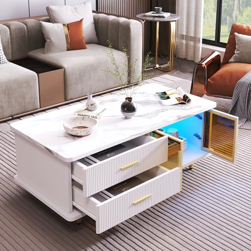 Crlnaup Couchtisch, Beistelltisch mit Tür aus gehärtetem Glas, Schubladen mit Wellenstruktur, goldenen Griffen und Beinen, Tischplatte mit Marmorstruktur. von Crlnaup