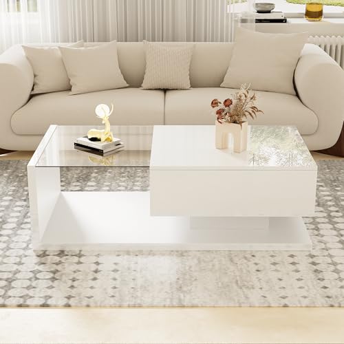 Crlnaup Couchtisch, Hochglanz-Weiß. Beistelltische, Couchtische mit Glas und LED-Effekt von Crlnaup