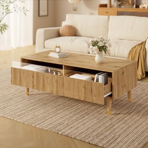 Crlnaup Dieser Moderne LED-Couchtisch verfügt über eine gewellte Schubladenplatte, Gold-holzfarbene Beine, Zwei Schubladen und einen farbwechselnden LED-Lichtstreifen Crlnaup Dieser Moderne LED-Couchtisch verfügt über eine gewellte Schubladenplatte, Gold-holzfarbene Beine, Zwei Schubladen und einen farbwechselnden LED-Lichtstreifen von Crlnaup