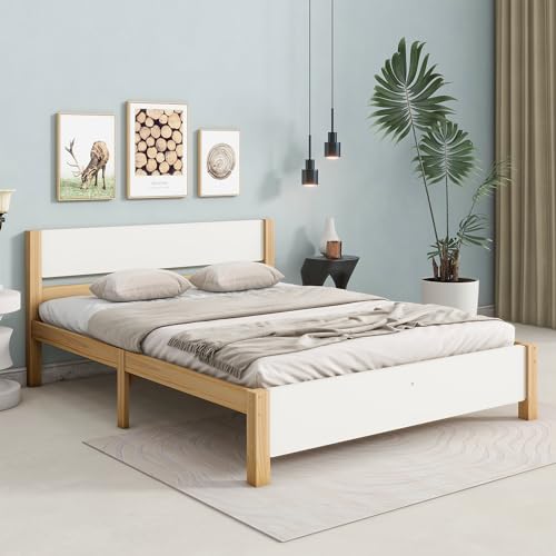 Crlnaup Doppelbett, Holzbett, Kiefernholzrahmen mit Mittelfuß, Jugendbett, Erwachsenenbett, mit Kopf- und Fußteil aus MDF, Weiß + Natur, 140x200 cm von Crlnaup