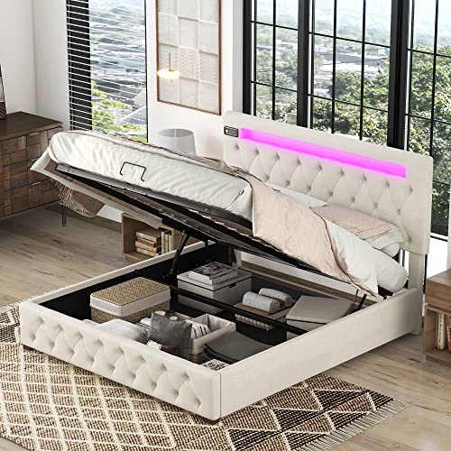 Crlnaup Doppelbett, Polsterbett, Familienbett, Plattformbett mit Aufladen USB, Bluetooth-Player und LED-Beleuchtung, Modernes Bettgestell mit Stauraum, Verstellbares Kopfteil, Beige (140x200cm) von Crlnaup