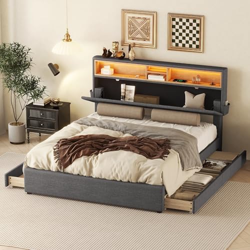 Crlnaup Doppelbett, Polsterbett, Stauraum, Kopfteil, Bett mit USB-Aufladung und LED-Beleuchtung, Funktionsbett mit Vier Schubladen, verstellbares Kopfteil, grau, 140 x 200 cm von Crlnaup