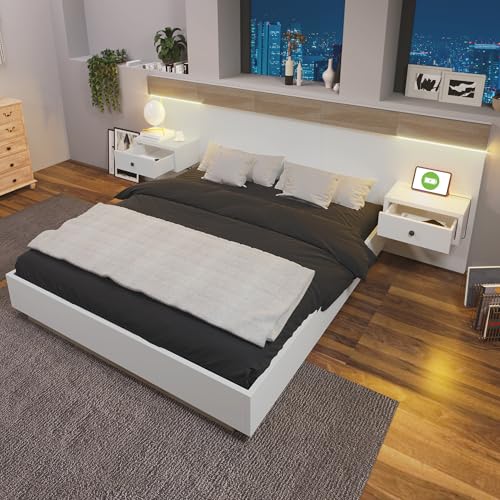Crlnaup Doppelbett Bettanlage mit 2 LED Nachtkommoden& USB C Steckdose 180 x 200 cm Holzbett inkl. 2 Nachttischen Schlafzimmer Komplett-205x284x90.5 cm(T/B/H) Set in Eiche Sonoma/Weiß(Ohne Matratze) von Crlnaup