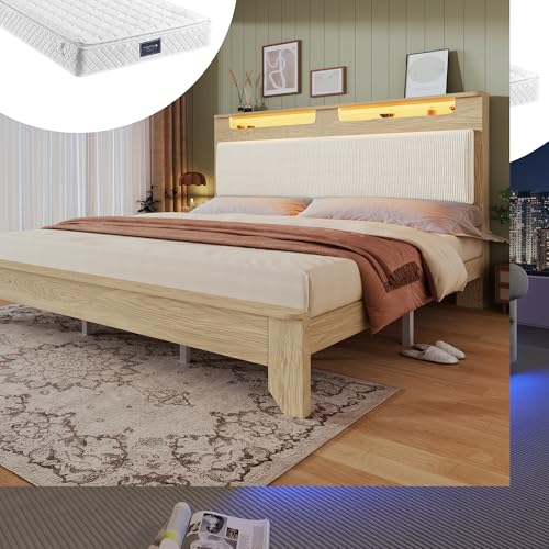 Crlnaup Doppelbett Holzbett 140×200cm, Kopfteil mit Stauraum, LED-Beleuchtung und Beigefarbener Cordpolster-Rückenlehne, Bettrahmen mit Holzlatten, Heller Eiche(Mit Matratze,Ohne Bettbank) von Crlnaup