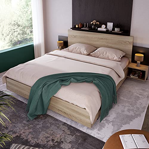 Crlnaup Doppelbett Holzbett Bettanlage 160 x 200 cm mit 2 Nachtkommoden Modernes Bett inkl. 2 Nachttischen Schlafzimmer Komplett-205.5x235x76.5 cm(T/B/H) Set in Eiche Sonoma/Dunkelgrau von Crlnaup