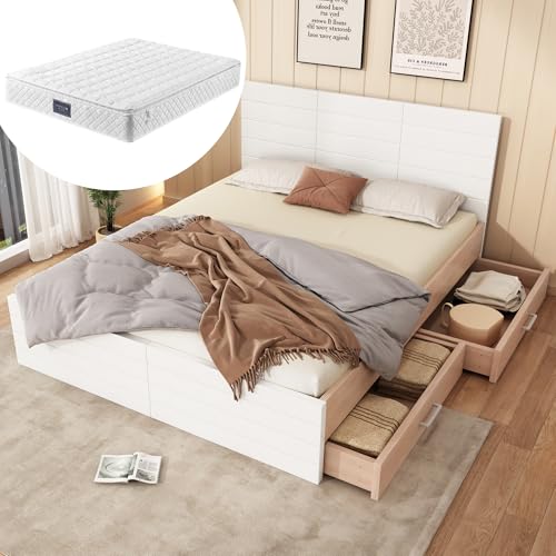 Crlnaup Doppelbett Holzbett Bettanlage 160×200cm mit 2 Schubladen,Modernes Bett inkl. Bettgestell &Lattenrost-207×80×165cm (L×H×B) Set in Eiche/Weiß(Mit Matratze) von Crlnaup