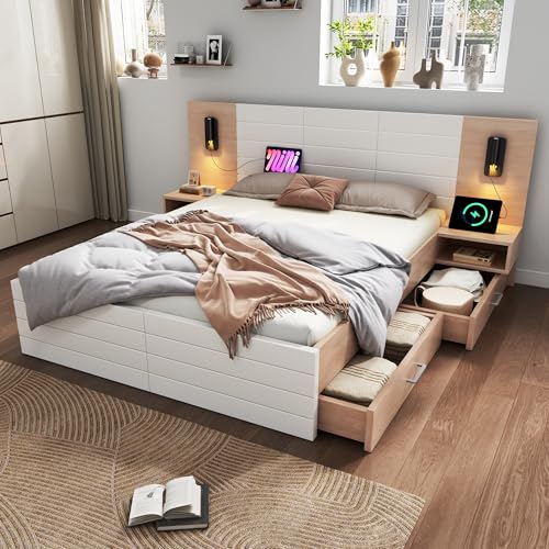 Crlnaup Doppelbett Holzbett Bettanlage160×200cm mit 2 Schubladen,Kopfteil Leselicht mit USB Ladefunktion,Modernes Bett inkl.2 Nachtkommode,Bettgestell &Lattenrost235×80×207cm (Ohne Matratze) von Crlnaup