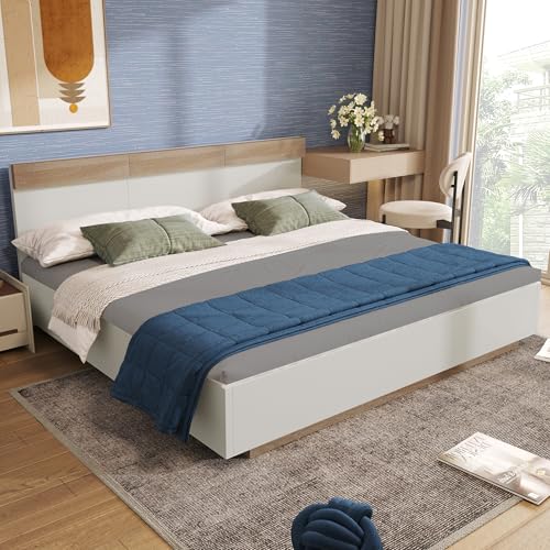 Doppelbett Holzbett Schwebebett mit Kopfteil aus Bettgestell &Lattenrost-205x144x90.5 cm(L/B/H) Set in Eiche Sonoma/Weiß(Ohne Matratze) von Crlnaup