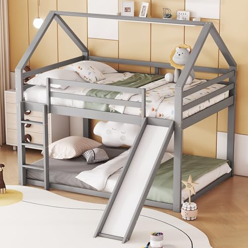 Crlnaup Doppelbett Kinderbett Hausbett Etagenbett mit Rutsche und Leiter, Kinderzimmer Hoch-Doppel-Stockbett, Grau, 140x200cm von Crlnaup