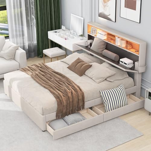 Crlnaup Doppelbett Polsterbett Stauraum-Kopfteil Bett mit Aufladen USB und LED-Beleuchtung, Funktionsbett mit Zwei Schubladen, Verstellbares Kopfteil, Beige, 140x200cm von Crlnaup