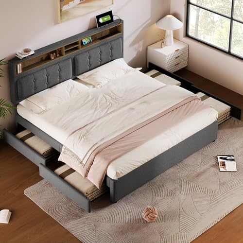 Crlnaup Doppelbett mit 4 Schubladen& USB C Steckdose, Polsterbett 160x200cm, Höhenverstellbarem Kopfteil, Lattenrost aus Holz(Ohne Matratze) von Crlnaup