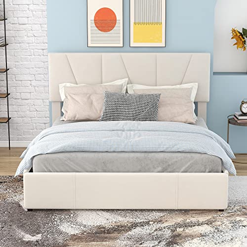Crlnaup Double Size Polster Plattform Bett mit Vier Schubladen auf Zwei Seiten,Verstellbares Kopfteil,Beige(140 * 200cm) von Crlnaup