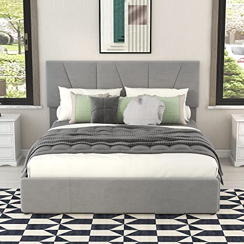 Crlnaup Double Size Polster Plattform Bett mit Vier Schubladen auf Zwei Seiten,Verstellbares Kopfteil,Grau(140 * 200cm) von Crlnaup