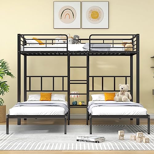 Crlnaup Dreierbett, Dreifaches Etagenbett mit Leiter für Kinder und Jugendliche, Eisenbett mit Fallschutzgitter und Tisch, Schwarz 90x200cm*3 von Crlnaup