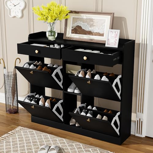 Crlnaup Edler schwarzer Schuhschrank mit 4 Klapptüren, 2 Schubladen, 3 offenen Fächern - perfekt für Moderne Flure und Eingangsbereiche, Maße 110 x 26 x 100 cm Crlnaup Edler schwarzer Schuhschrank mit 4 Klapptüren, 2 Schubladen, 3 offenen Fächern - perfekt für Moderne Flure und Eingangsbereiche, Maße 110 x 26 x 100 cm von Crlnaup