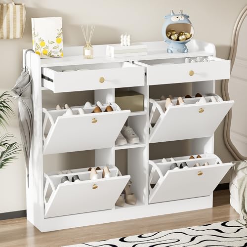 Crlnaup Edler weißer Schuhschrank mit 4 Klapptüren, 2 Schubladen, 3 offenen Fächern - perfekt für Moderne Flure und Eingangsbereiche, Maße 110 x 26 x 100 cm Crlnaup Edler weißer Schuhschrank mit 4 Klapptüren, 2 Schubladen, 3 offenen Fächern - perfekt für Moderne Flure und Eingangsbereiche, Maße 110 x 26 x 100 cm von Crlnaup